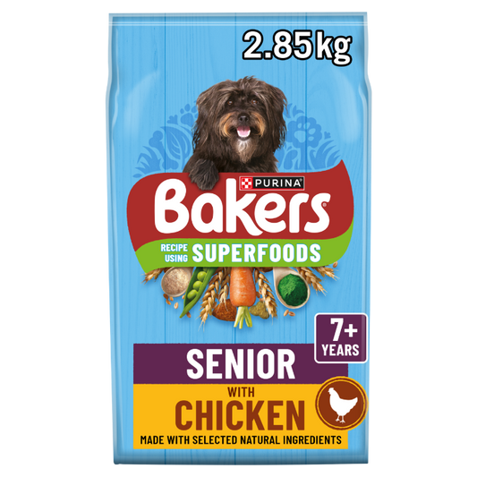 Front View of Bakers Senior Dry Dog Food with Chicken and Vegetable - 2.85kg & 12kg