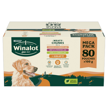 Winalot Meaty Chunks Mixed Rich in Chicken, Beef & Lamb in Gravy Adult Wet Dog Food Pouches Mega Pack