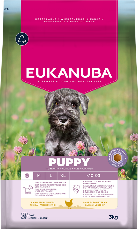 Front View of Eukanuba Puppy Small Breed Dry Dog Food - Chicken - 3kg & 7.5kg