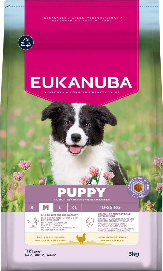 Front View of Eukanuba Puppy Medium Breed Dry Dog Food - Chicken - 3kg & 12kg