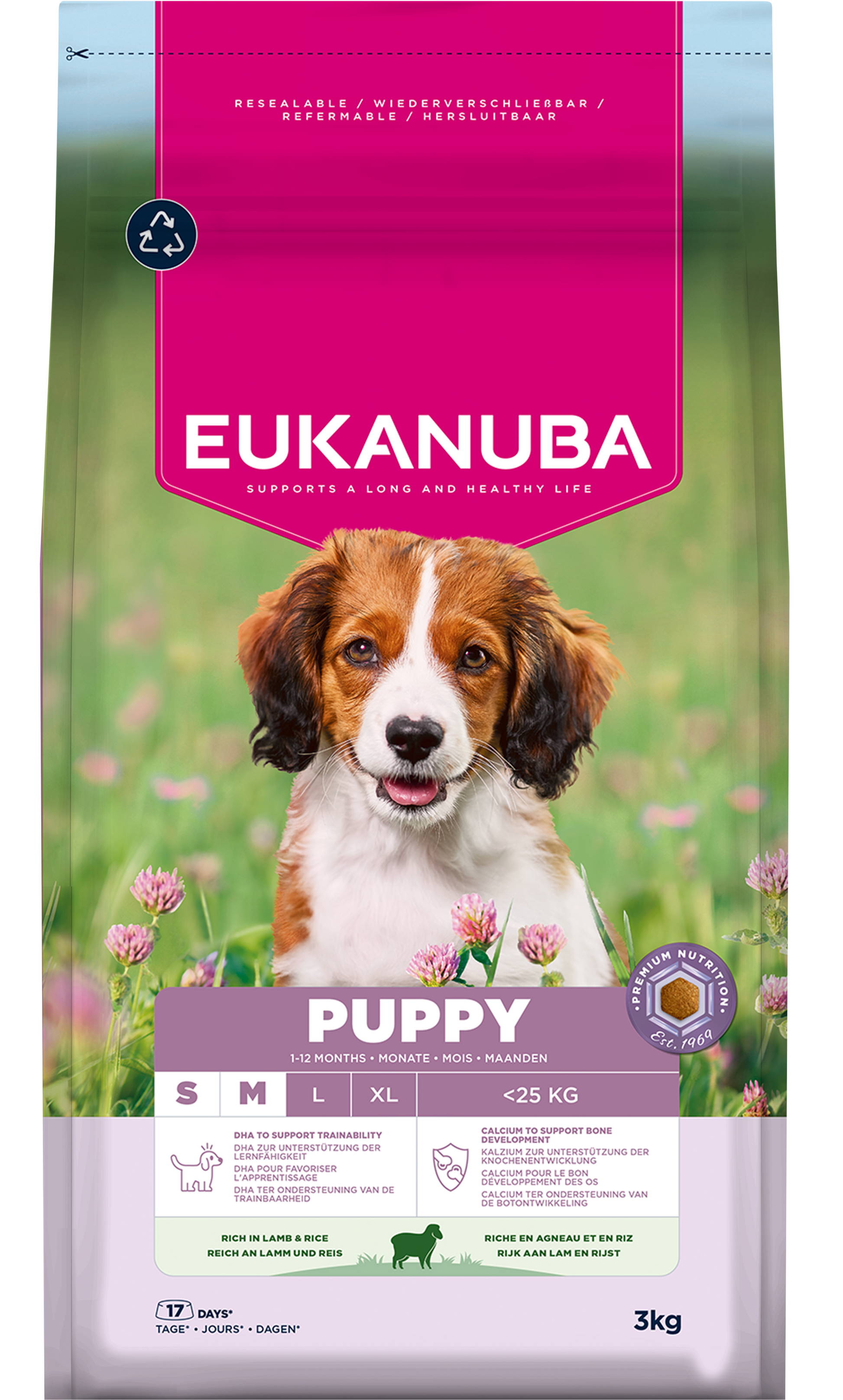 Front View of Eukanuba Life Care Puppy & Junior Small/Medium Breed Dry Dog Food - Lamb & Rice - 3kg & 12kg