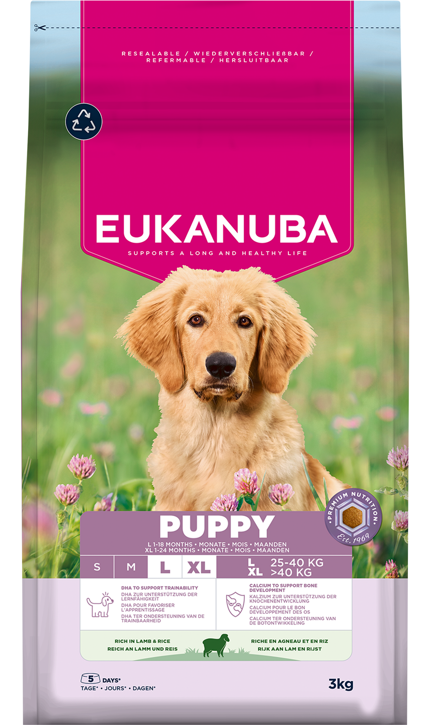 Front View of Eukanuba Puppy & Junior Large Breed Dry Dog Food - Lamb & Rice - 3kg & 12kg