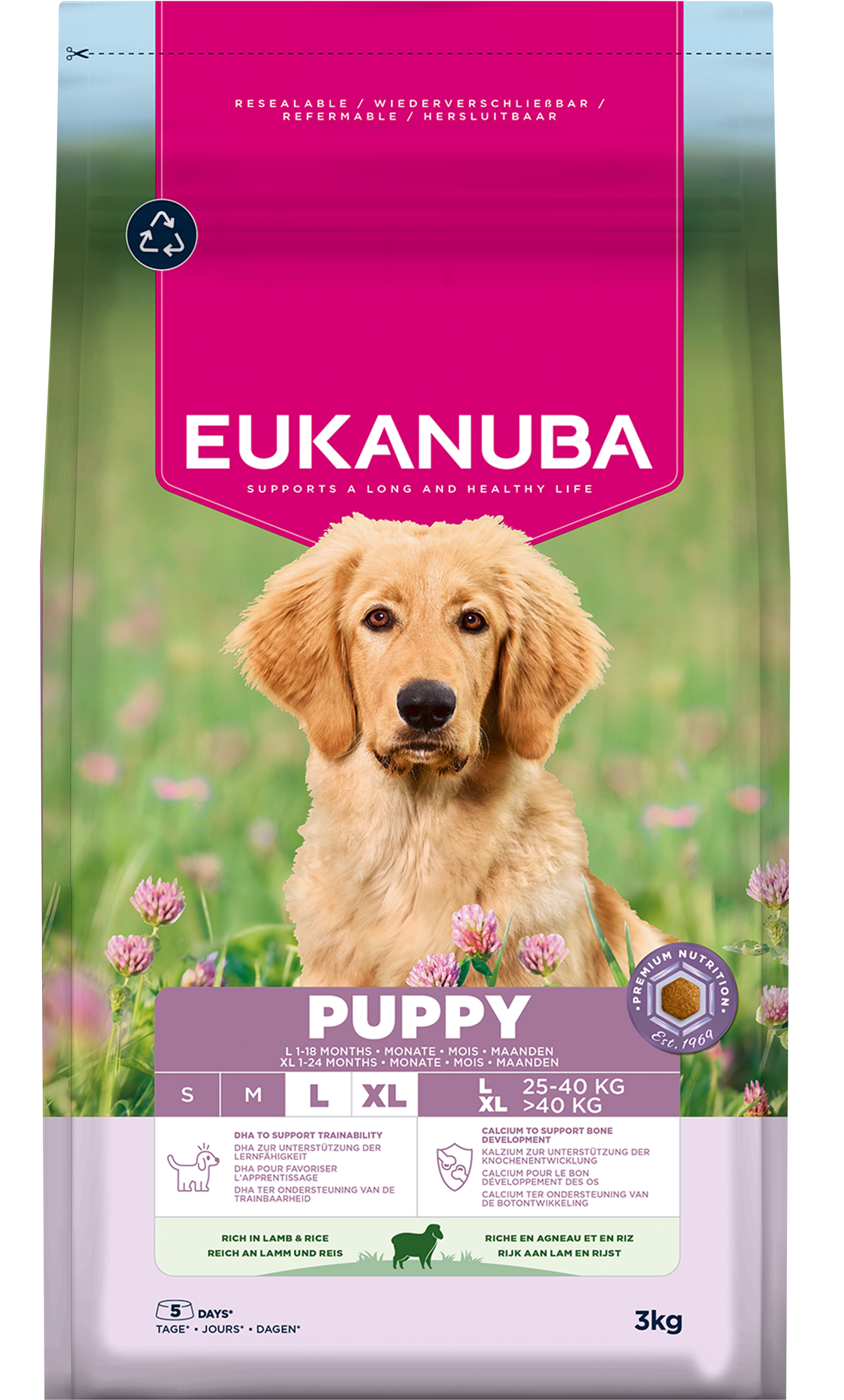 Front View of Eukanuba Puppy & Junior Large Breed Dry Dog Food - Lamb & Rice - 3kg & 12kg