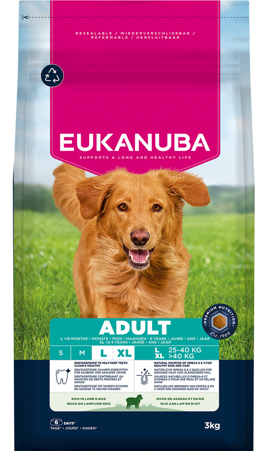 Front View of Eukanuba Adult Large Breed Dry Dog Food - Lamb & Rice - 3kg & 12kg