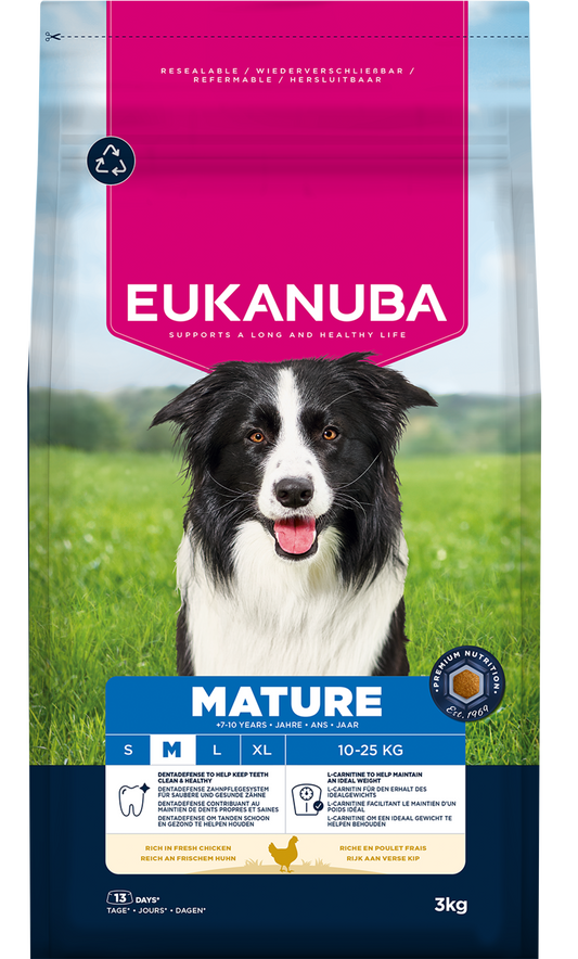 Front View of Eukanuba Mature Medium Breed Dry Dog Food - Chicken - 3kg & 12kg