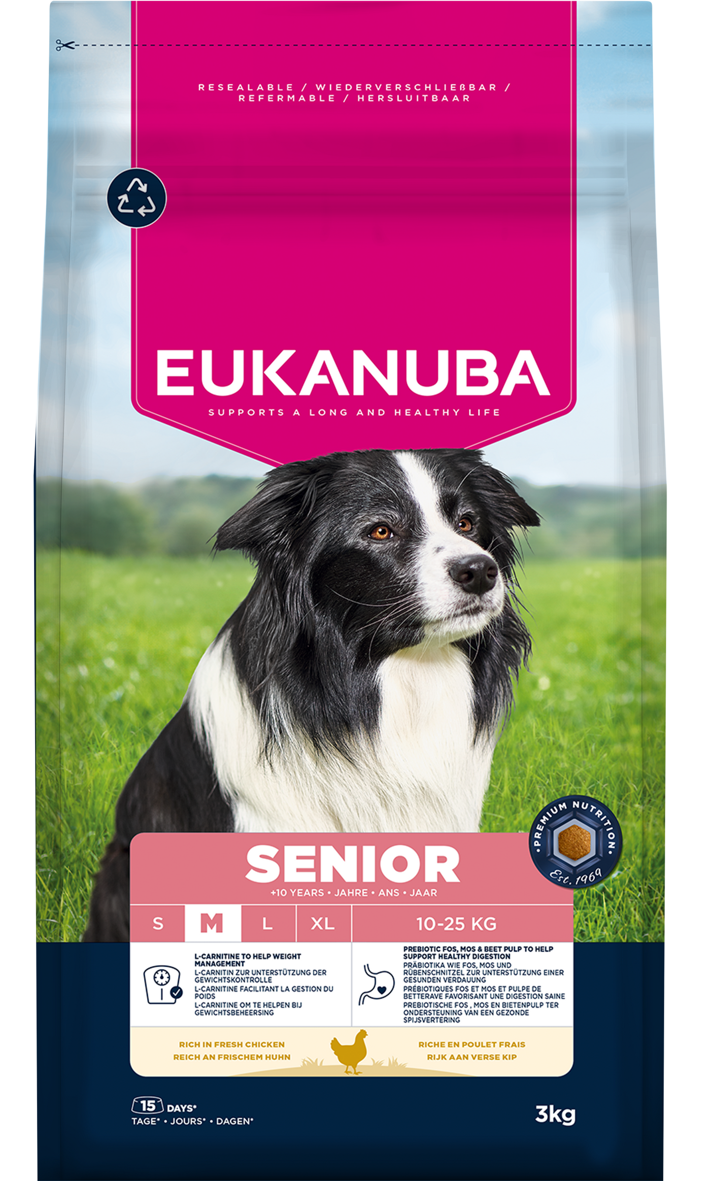 Front View of Eukanuba Life Care Senior Medium Breed Dry Dog Food - Chicken - 3kg & 12kg
