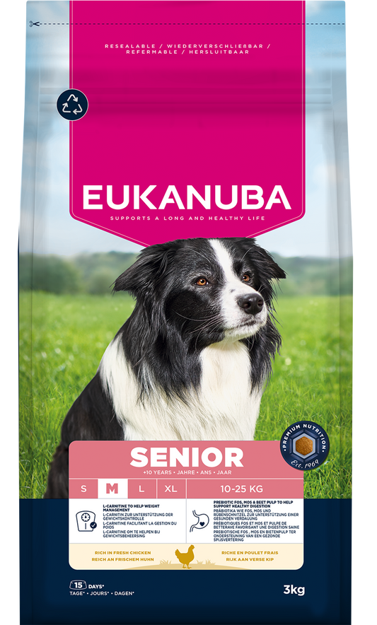 Front View of Eukanuba Life Care Senior Medium Breed Dry Dog Food - Chicken - 3kg & 12kg