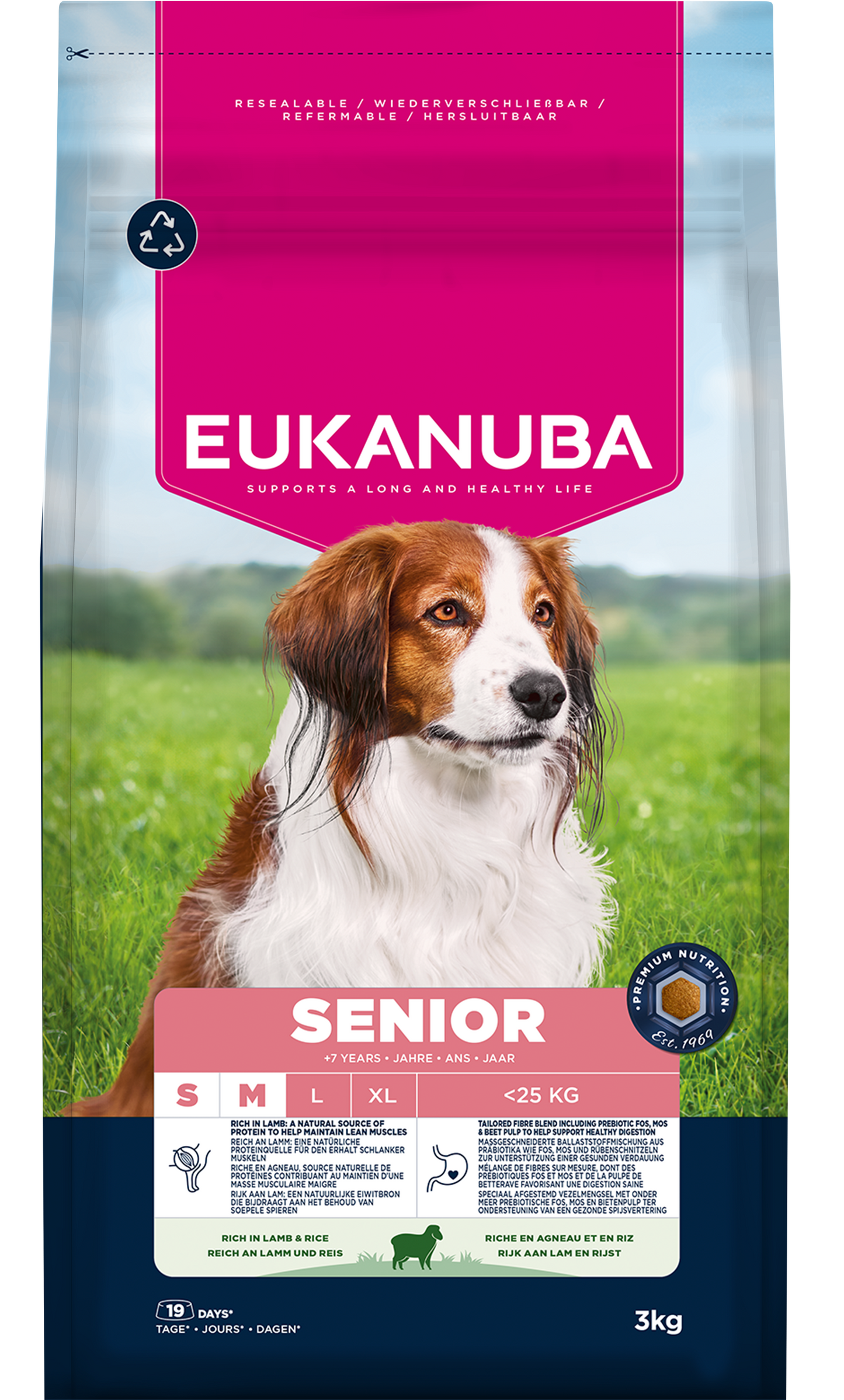 Front View of Eukanuba Senior Small/Medium Breed Dry Dog Food - Lamb & Rice - 3kg & 12kg