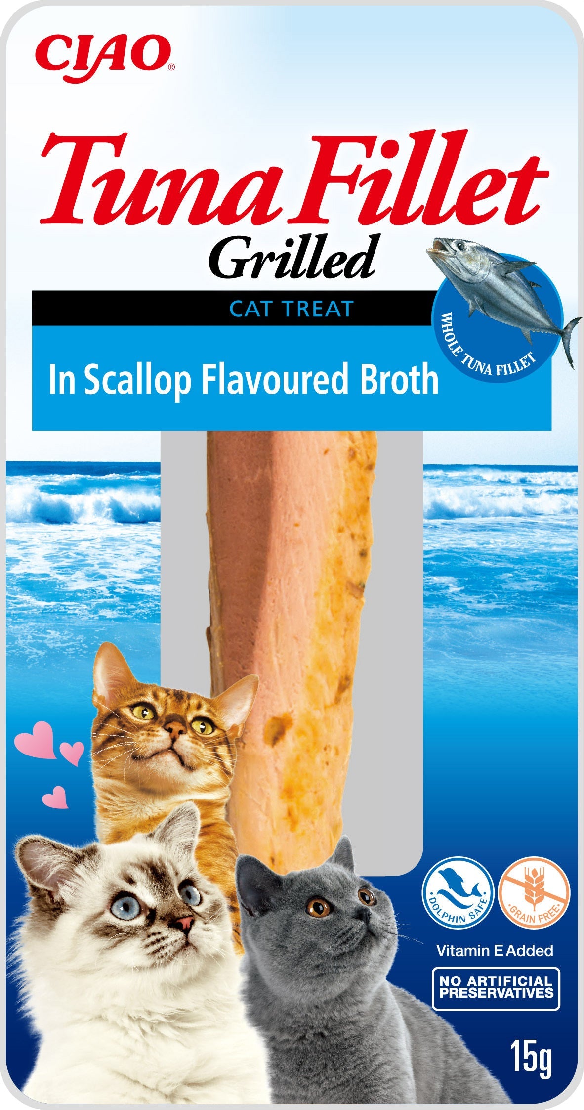 Front View of Ciao Grilled Tuna Fillet Cat Treat in Scallop Flavoured Broth - 15 g