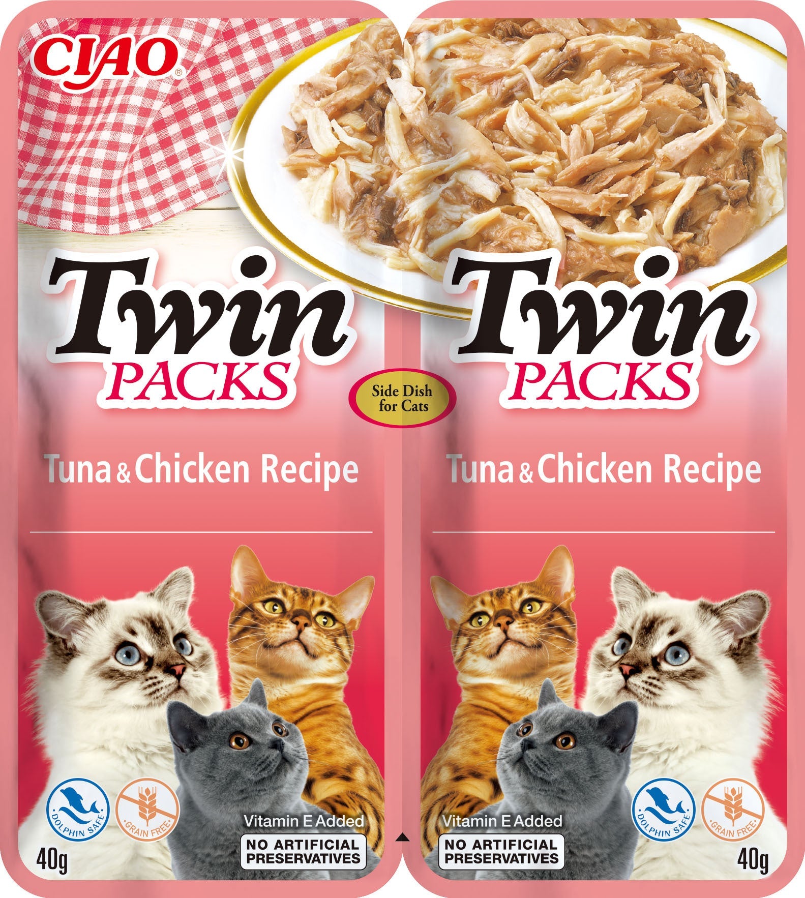 Front View of Ciao Twin Packs Cat Treat - Tuna & Chicken Recipe in Tuna Broth - 80 g