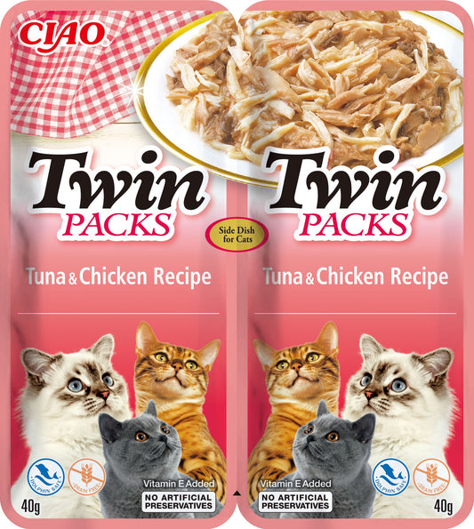 Front View of Ciao Twin Packs Cat Treat - Tuna & Chicken Recipe in Tuna Broth - 80 g