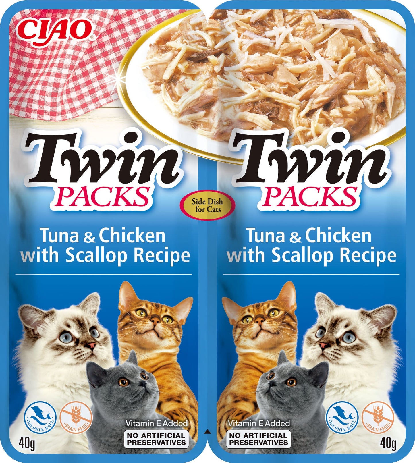 Front View of Ciao Twin Packs Cat Treat - Tuna & Chicken with Scallop Recipe in Scallop Broth - 80 g