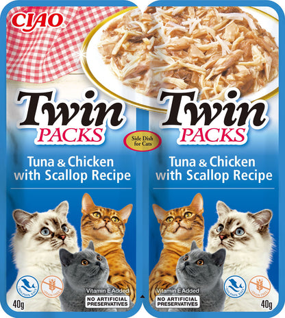 Front View of Ciao Twin Packs Cat Treat - Tuna & Chicken with Scallop Recipe in Scallop Broth - 80 g