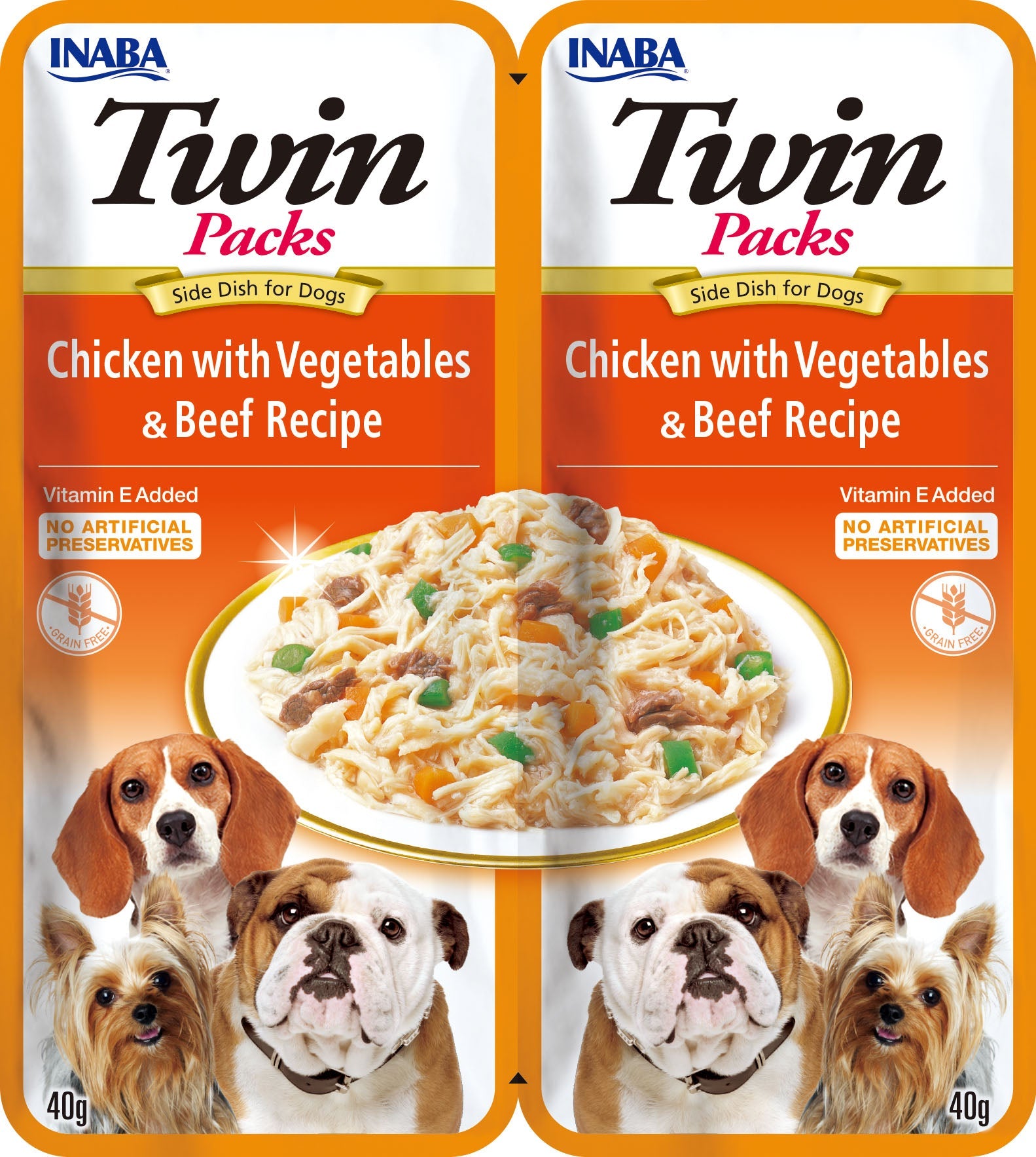 Front View of Ciao Twin Packs Dog Treat - Chicken with Vegetables & Beef Recipe in Chicken Broth - 80 g