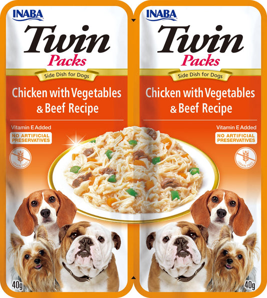 Front View of Ciao Twin Packs Dog Treat - Chicken with Vegetables & Beef Recipe in Chicken Broth - 80 g