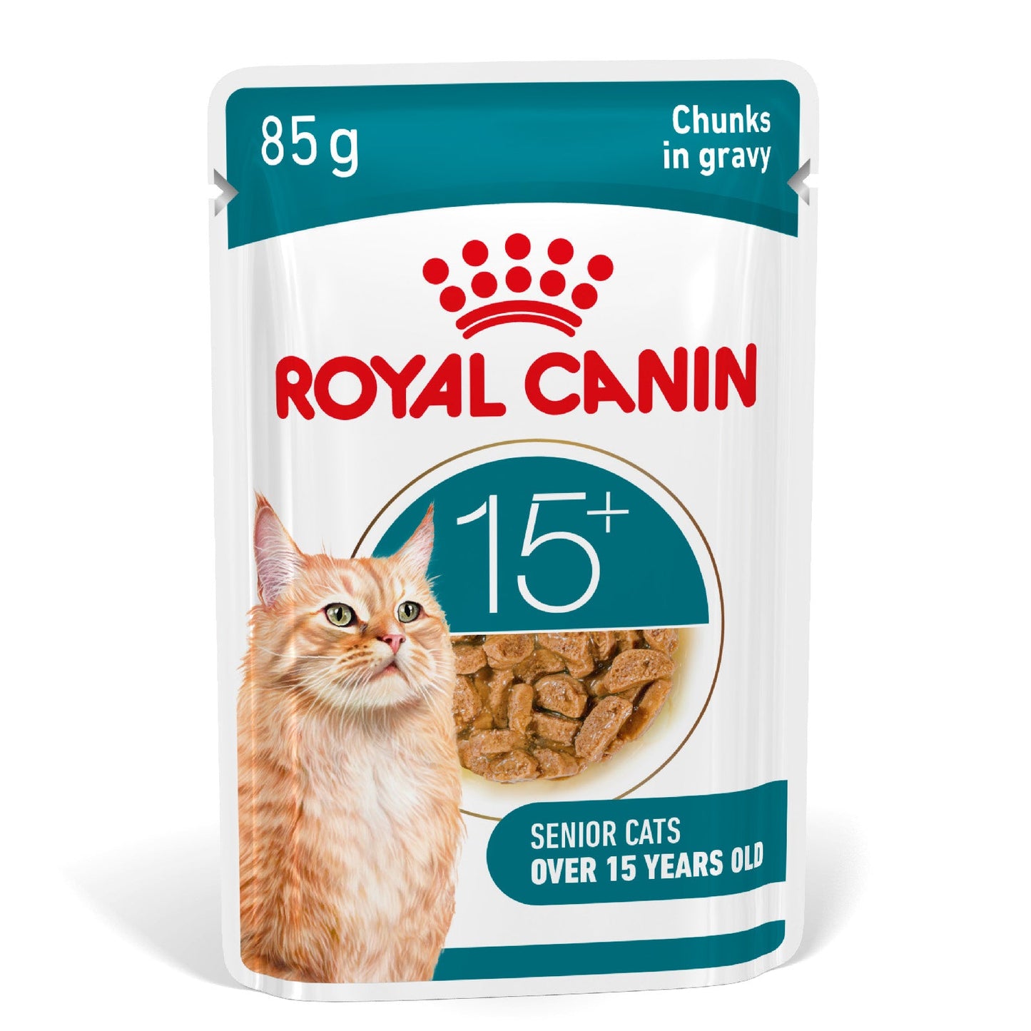 Front View of Royal Canin Ageing 15+ Senior Wet Cat Food Chunks In Gravy - 12 x 85g