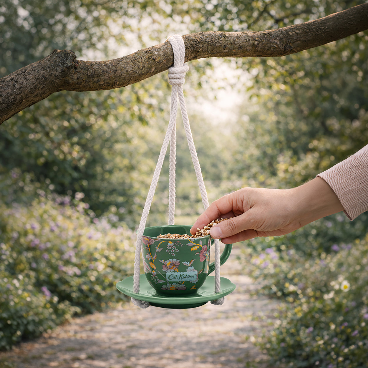 Cath Kidston Green Floral Teacup Bird Feeder