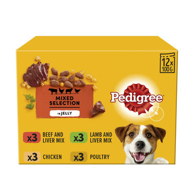 Pedigree Adult Wet Dog Food Pouches - Mixed Selection in Jelly 12 x 100g