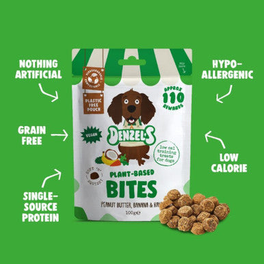 Denzel's Plant Based Bites Soft 'n' Squishy Low Calorie Vegan Training Dog Treats - Peanut Butter, Banana & Kale