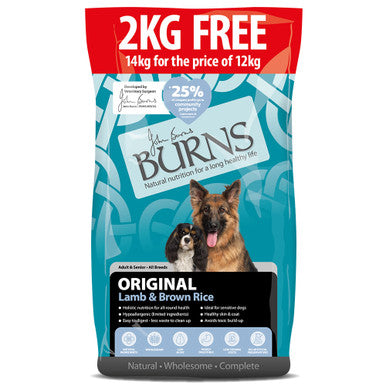 Burns Original Adult/Senior Dry Dog Food - Lamb & Brown Rice 12+2kg Free (14kg)