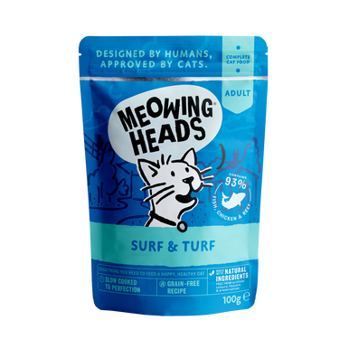 Meowing Heads Surf & Turf Adult Wet Cat Food in Pouches - Fish, Chicken & Beef