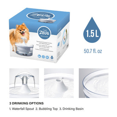 Zeus Fresh and Clear Waterfall Spout Dog Drinking 360 Fountain