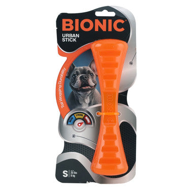 BIONIC Urban Stick Treats Holding Orange Dog Chew Toy