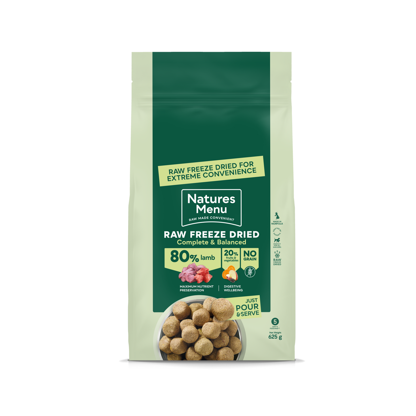 Front View of Natures Menu Raw Freeze Dried Complete and Balanced Adult Lamb Dry Dog Food
