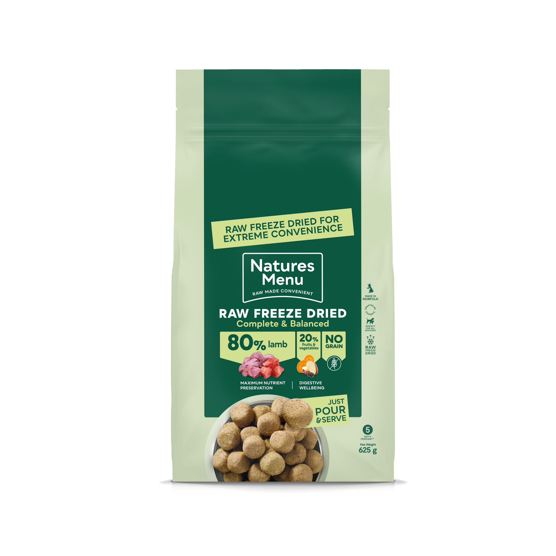Front View of Natures Menu Raw Freeze Dried Complete and Balanced Adult Lamb Dry Dog Food