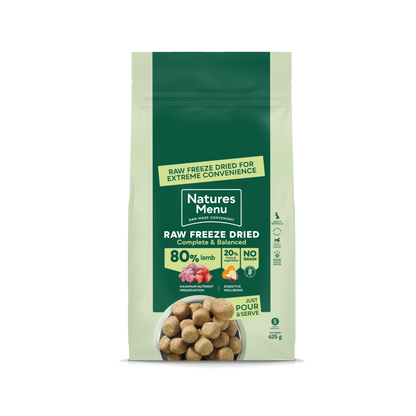 Front View of Natures Menu Raw Freeze Dried Complete and Balanced Adult Lamb Dry Dog Food