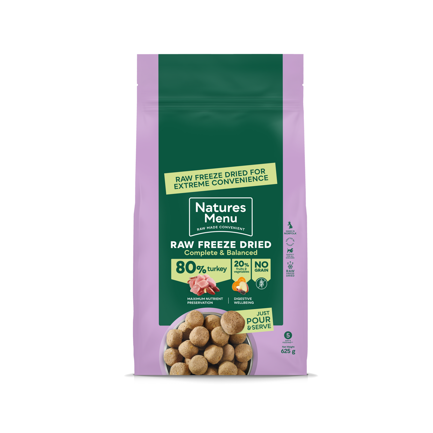 Front View of Natures Menu Raw Freeze Dried Complete and Balanced Adult Turkey Dry Dog Food