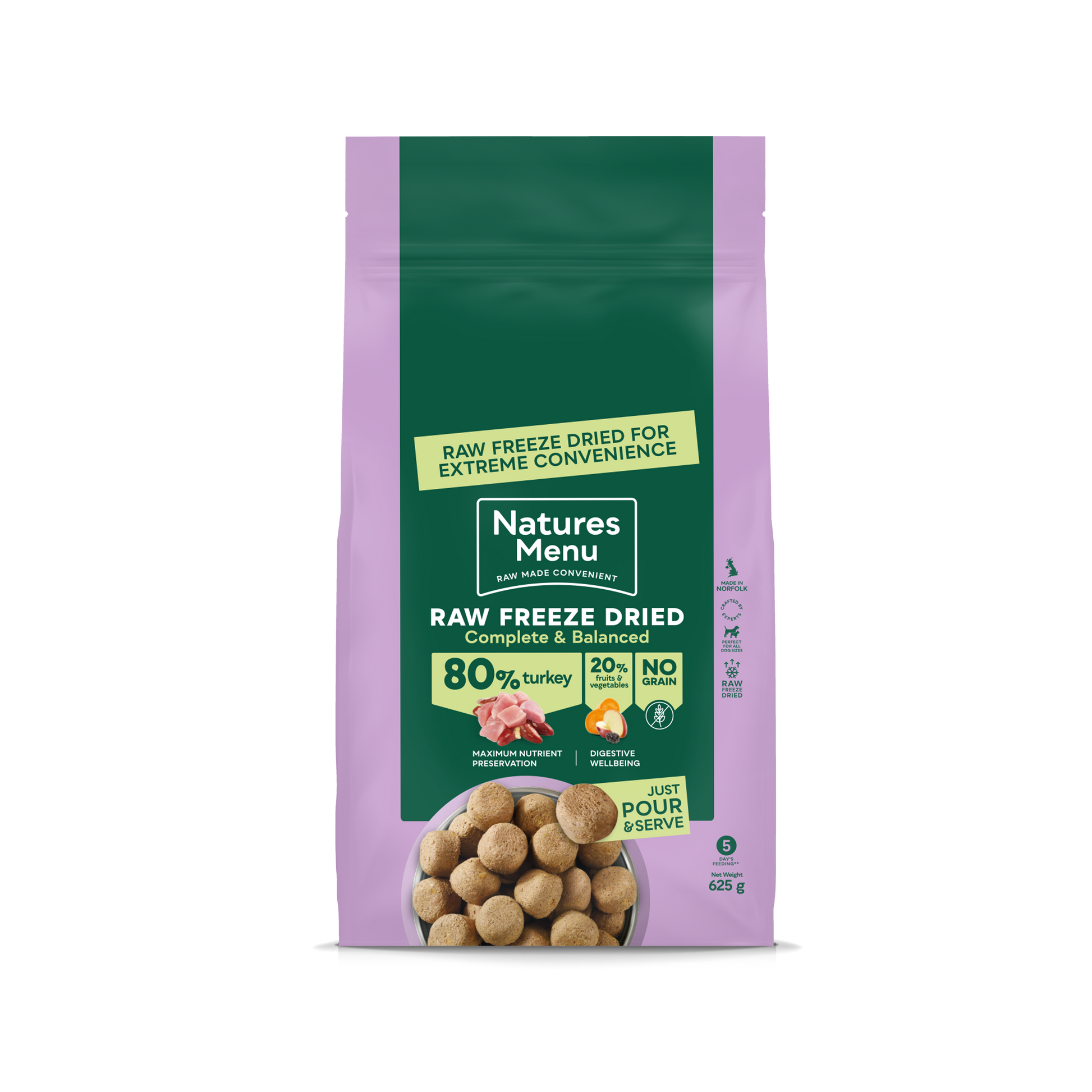 Front View of Natures Menu Raw Freeze Dried Complete and Balanced Adult Turkey Dry Dog Food