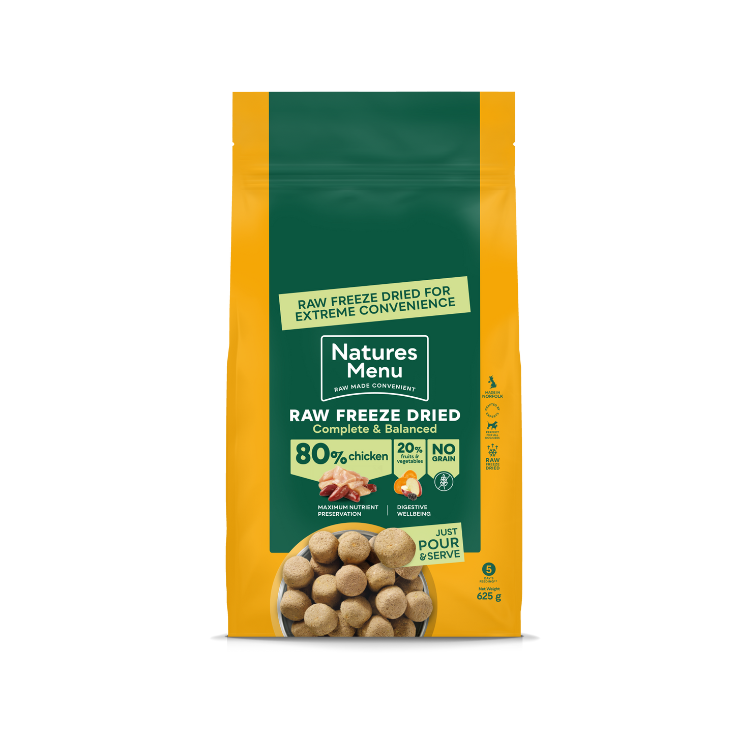 Front View of Natures Menu Raw Freeze Dried Complete and Balanced Adult Chicken Dry Dog Food