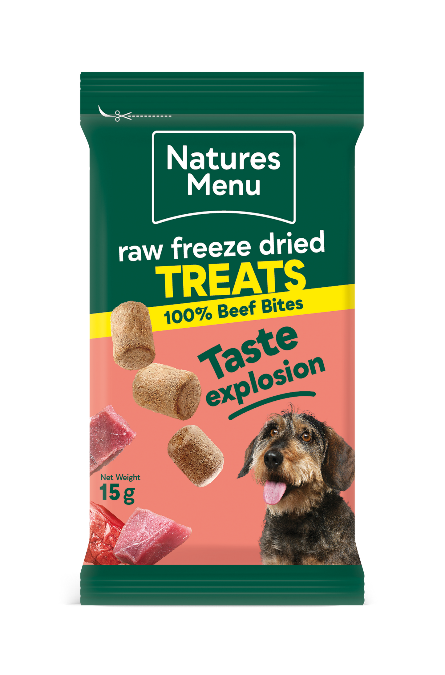 Front View of Natures Menu Raw Freeze Dried Beef Bites Dog Treats