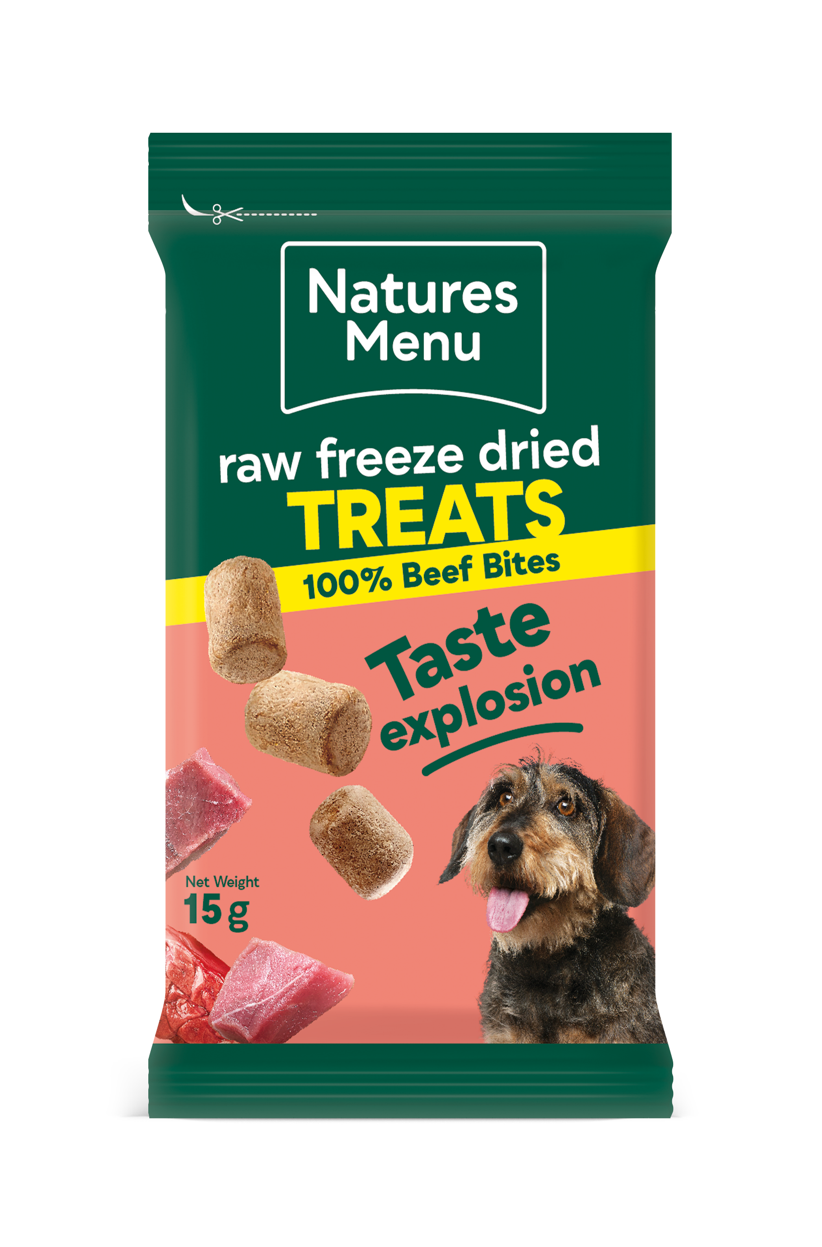 Front View of Natures Menu Raw Freeze Dried Beef Bites Dog Treats