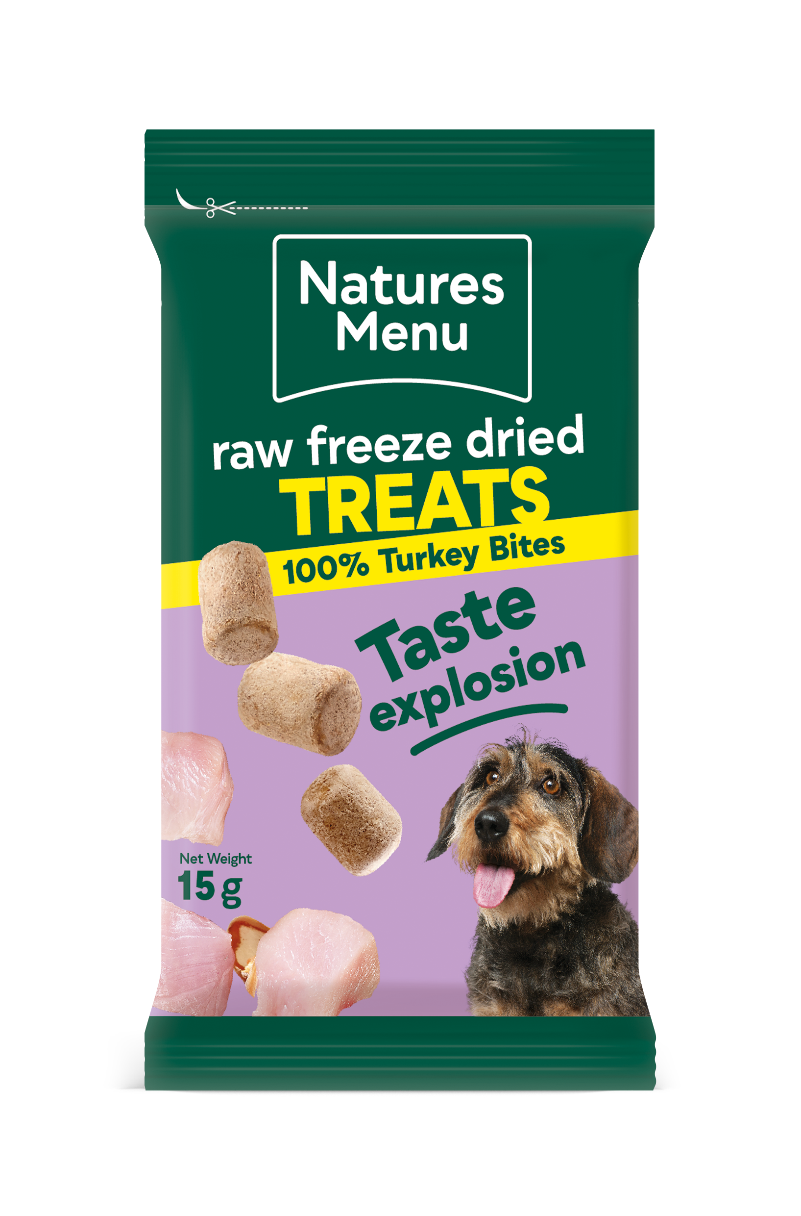 Front View of Natures Menu Raw Freeze Dried Turkey Bites Dog Treats