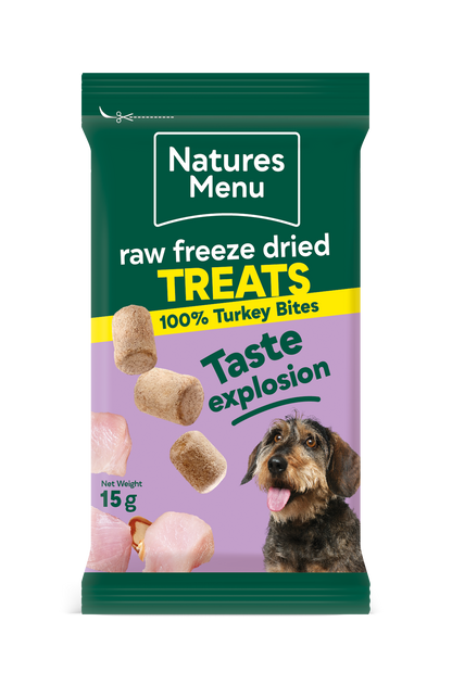 Front View of Natures Menu Raw Freeze Dried Turkey Bites Dog Treats