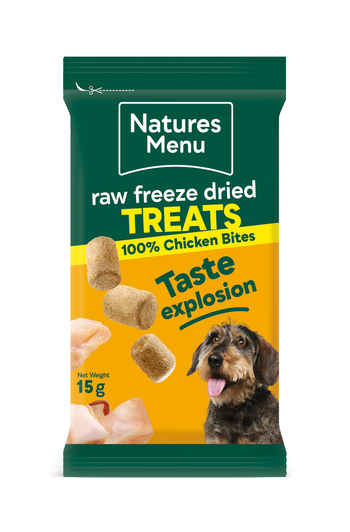 Front View of Natures Menu Raw Freeze Dried Chicken Bites Dog Treats