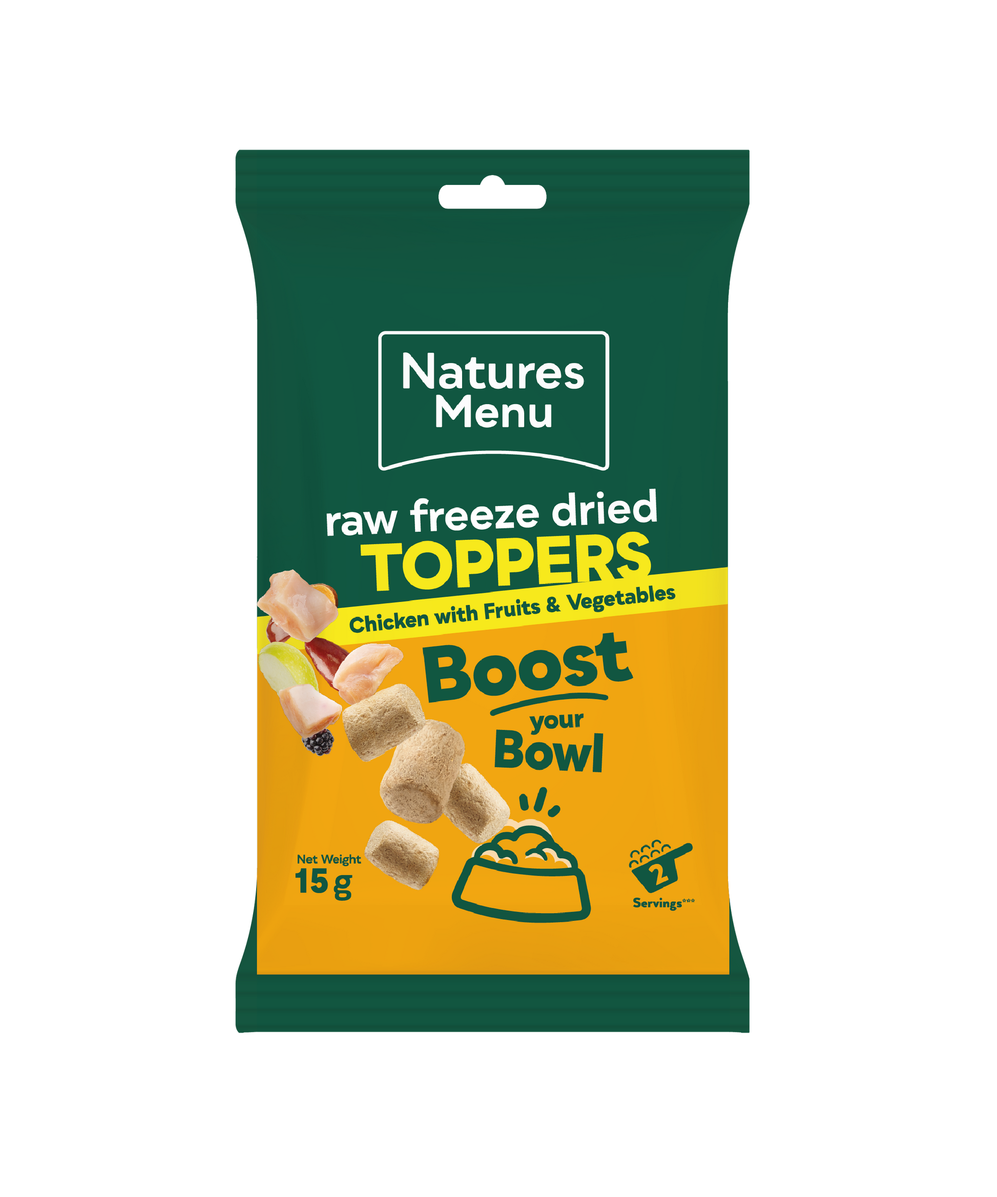 Front View of Natures Menu Raw Freeze Dried Chicken Toppers Adult Dry Dog Food