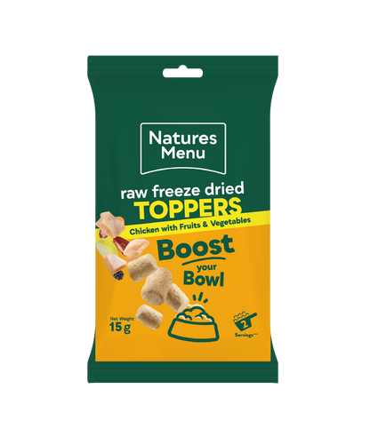 Front View of Natures Menu Raw Freeze Dried Chicken Toppers Adult Dry Dog Food