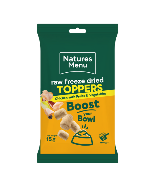 Front View of Natures Menu Raw Freeze Dried Chicken Toppers Adult Dry Dog Food