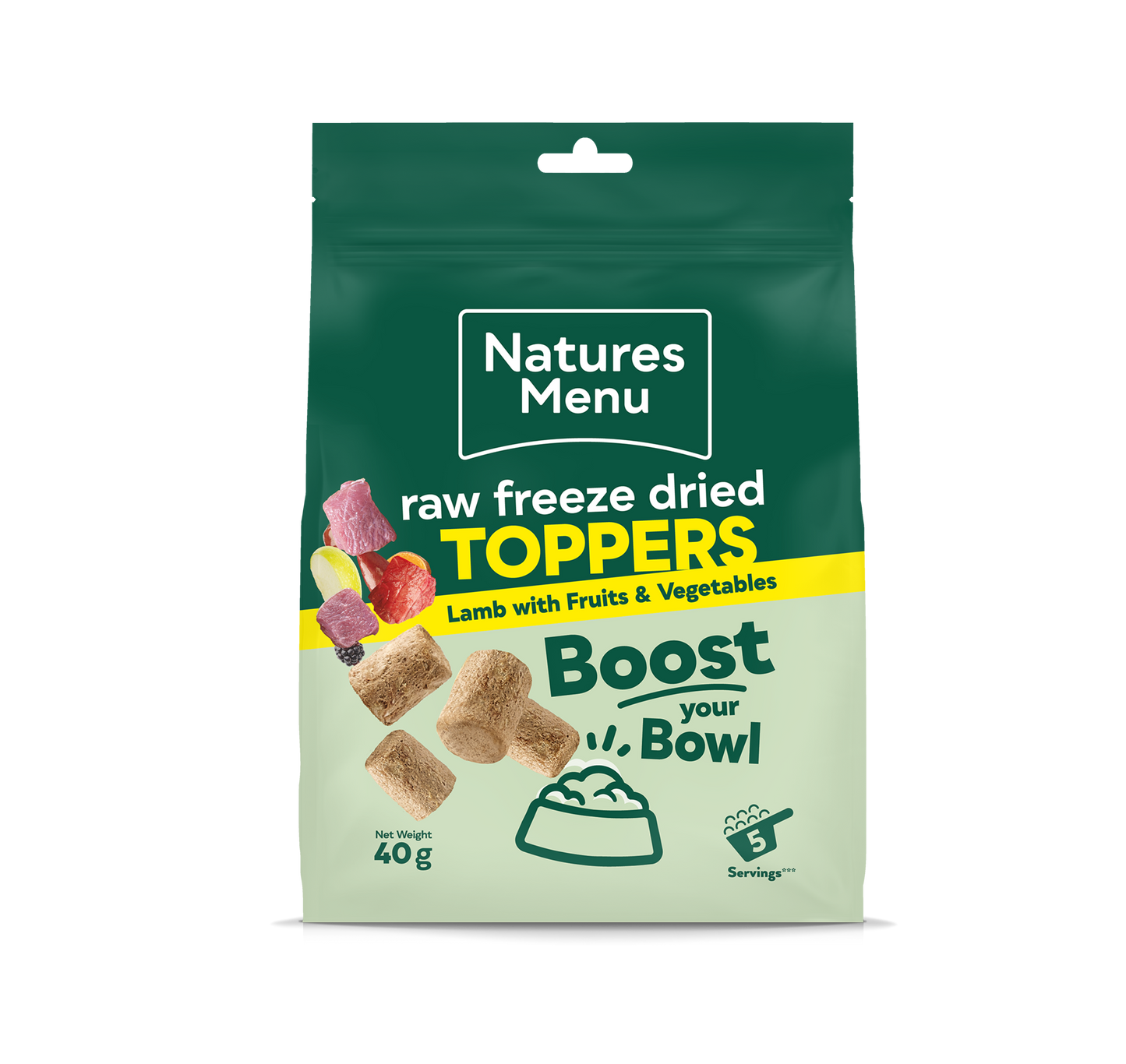 Front View of Natures Menu Raw Freeze Dried Lamb Toppers Adult Dry Dog Food
