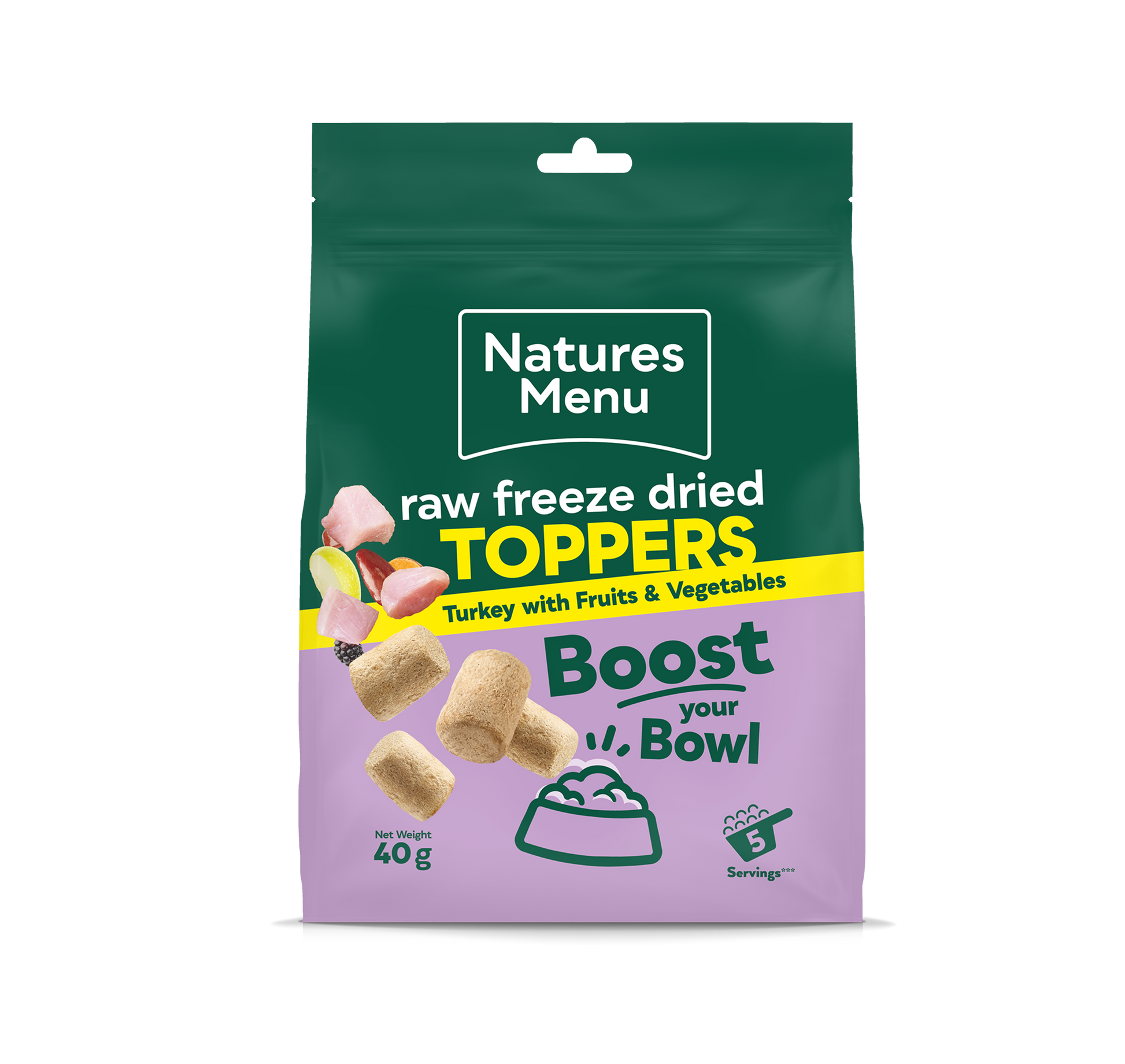 Front View of Natures Menu Raw Freeze Dried Turkey Toppers Adult Dry Dog Food