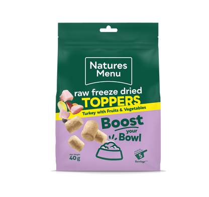 Front View of Natures Menu Raw Freeze Dried Turkey Toppers Adult Dry Dog Food