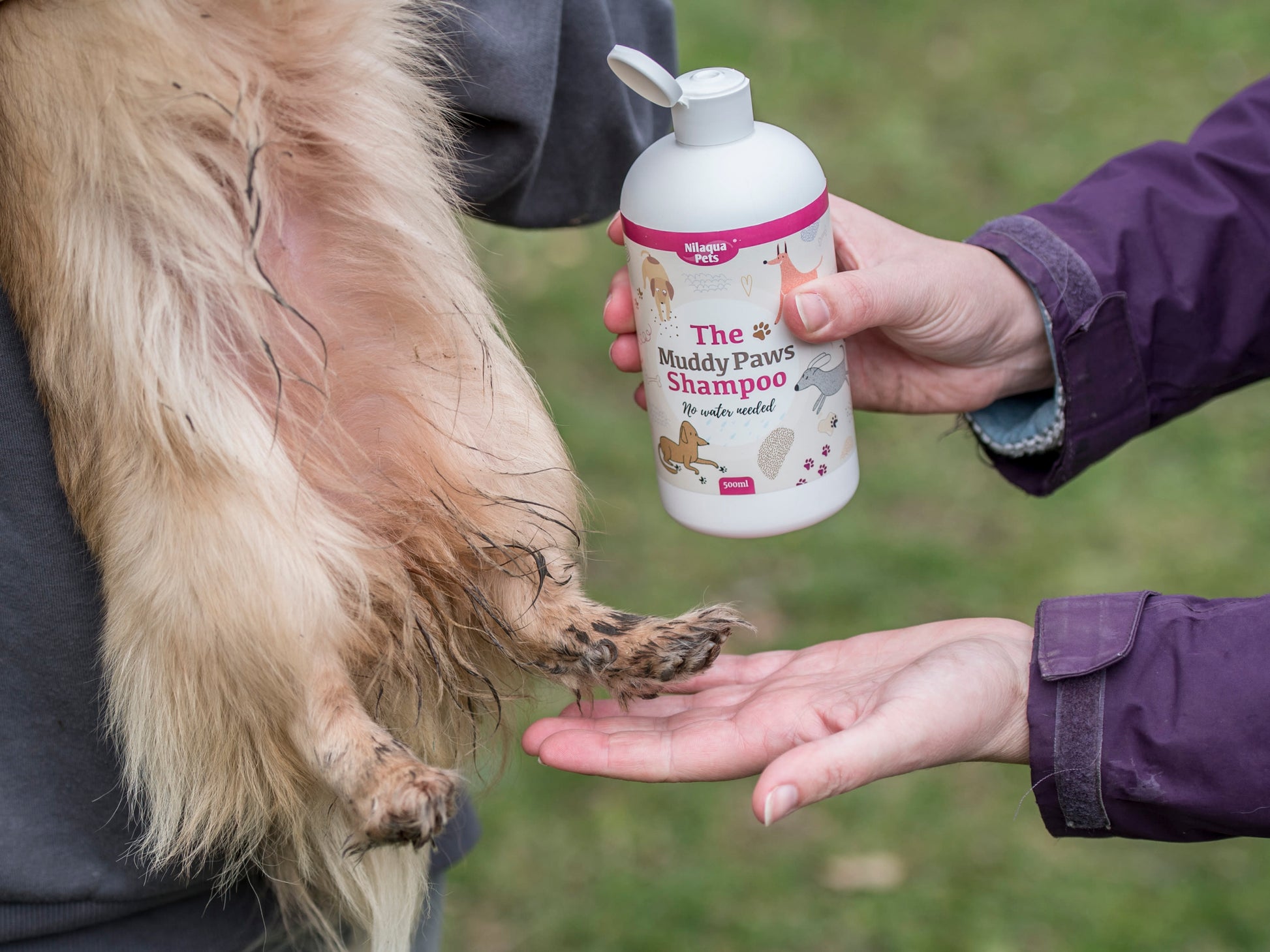 Lifestyle View of Nilaqua Pets The Muddy Paws Towel Off Dog Shampoo