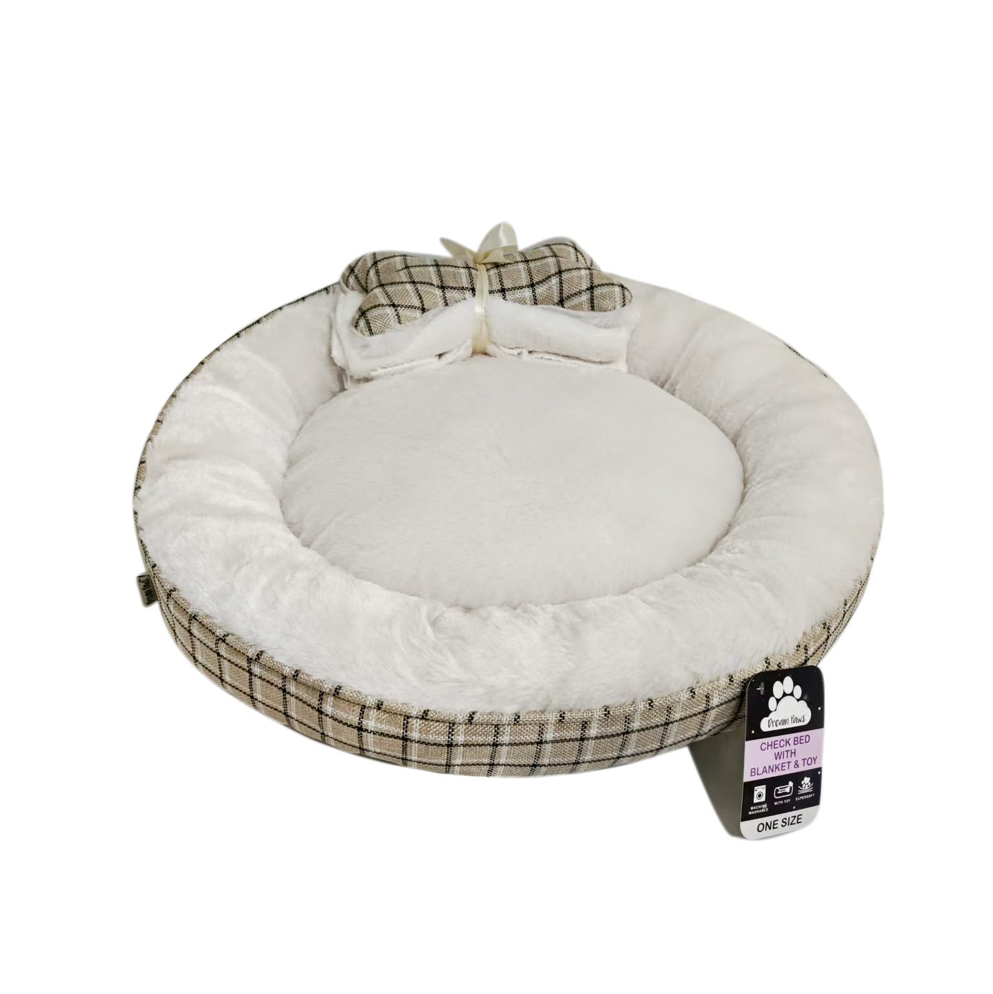Front View of Dream Paws Neutral Check Dog Bed Front Main Image