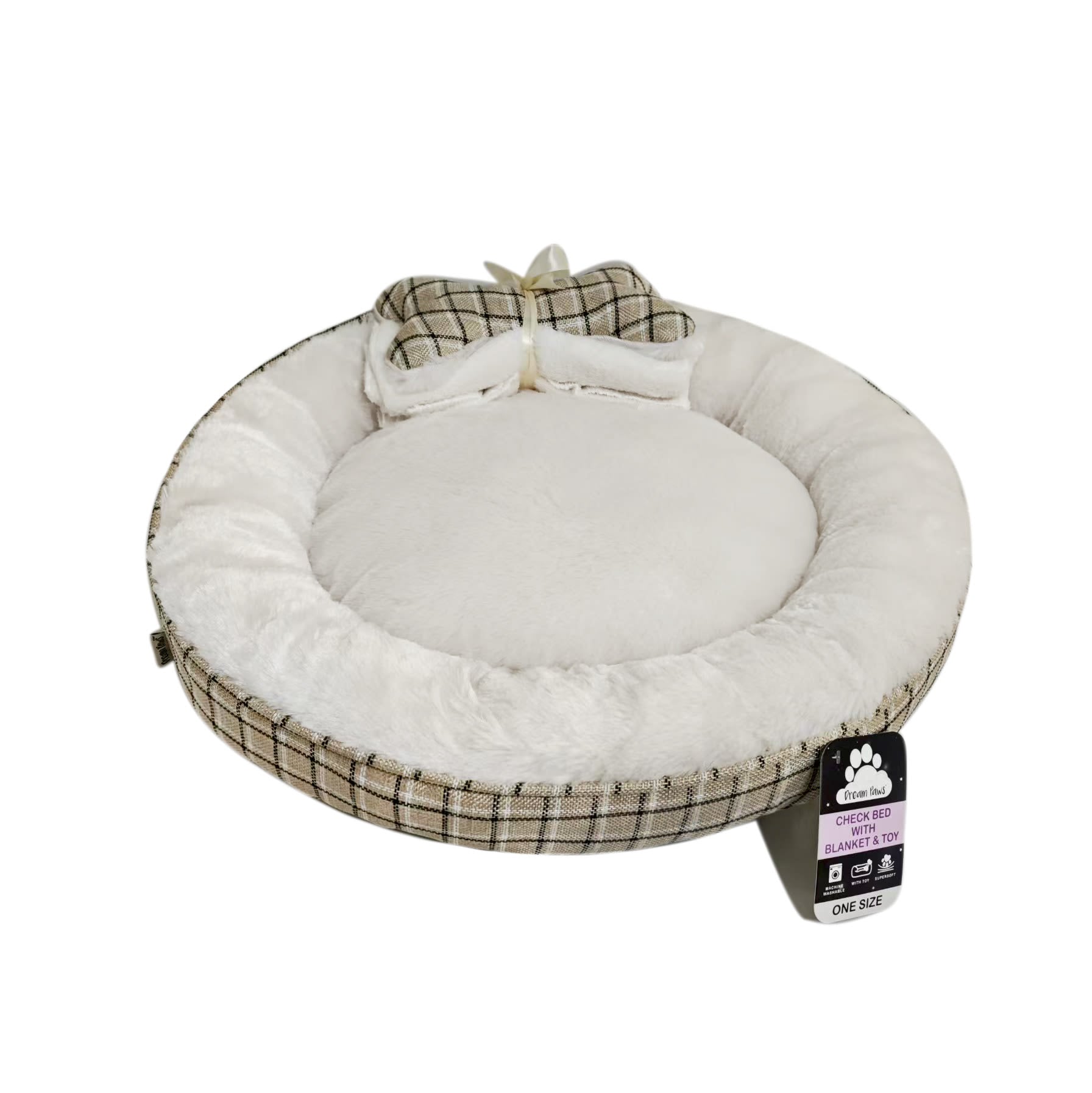 Front View of Dream Paws Neutral Check Dog Bed Front Main Image