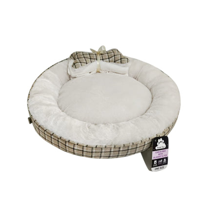 Front View of Dream Paws Neutral Check Dog Bed Front Main Image