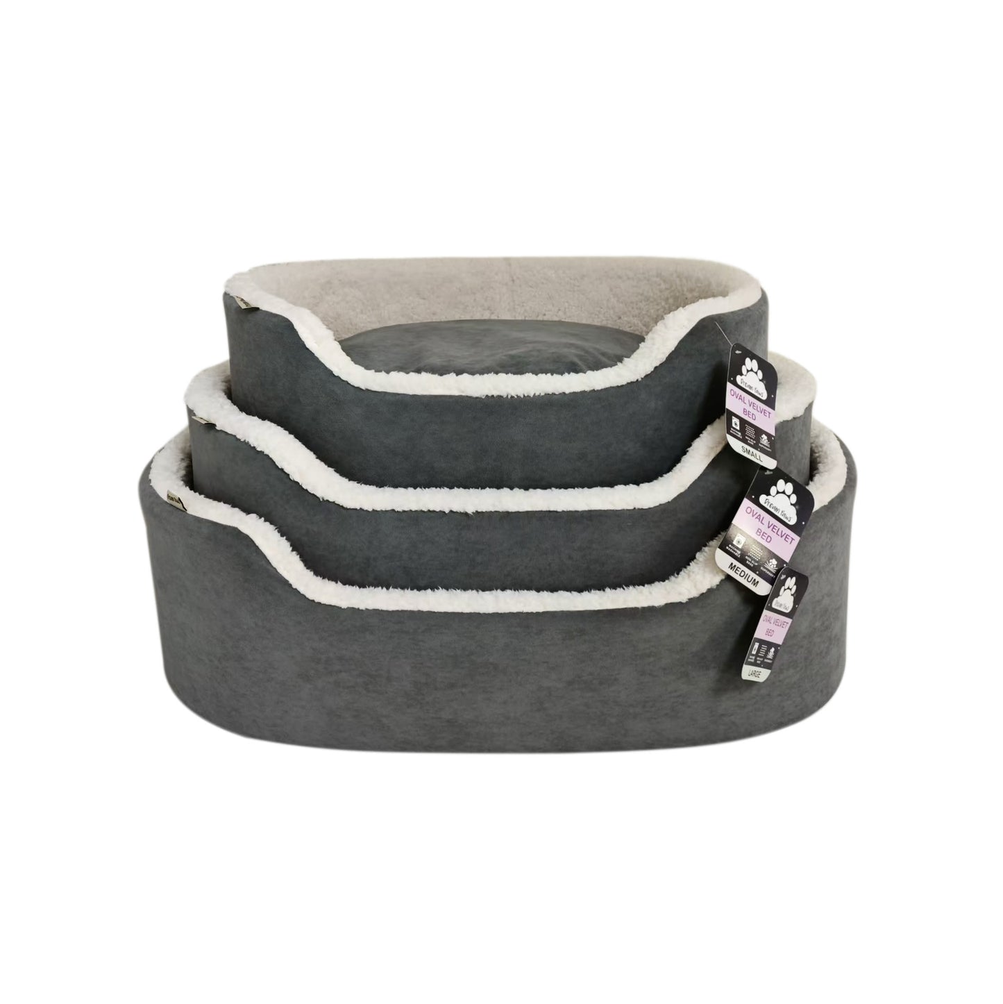 Front View of Dream Paws Grey Oval Velvet Dog Bed
