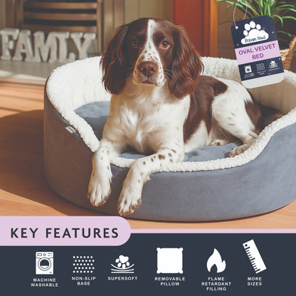 Dream Paws Grey Oval Velvet Dog Bed